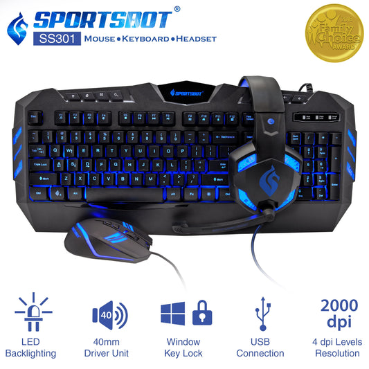 SS301 Blue LED Gaming Over-Ear Headset, Keyboard & Mouse Combo Set
