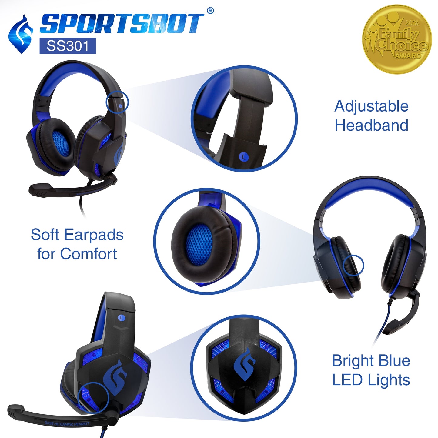 SS301 Blue LED Gaming Over-Ear Headset, Keyboard & Mouse Combo Set