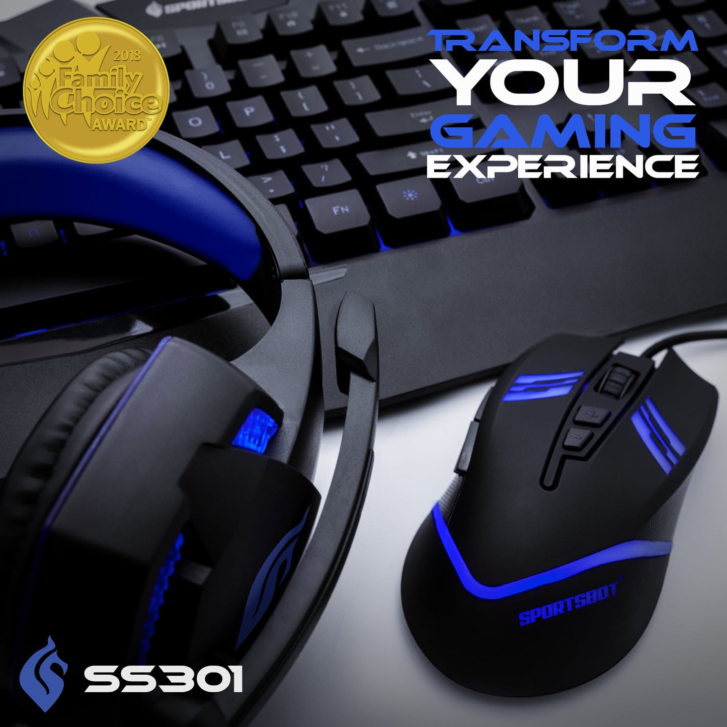 SS301 Blue LED Gaming Over-Ear Headset, Keyboard & Mouse Combo Set